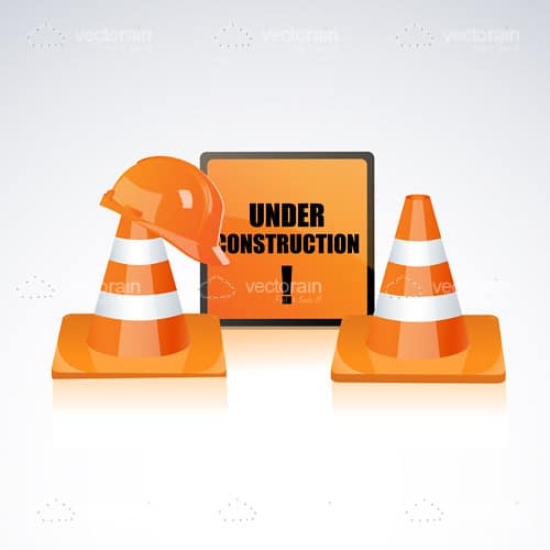 Under Construction Sign with Orange Cones and Hardhat